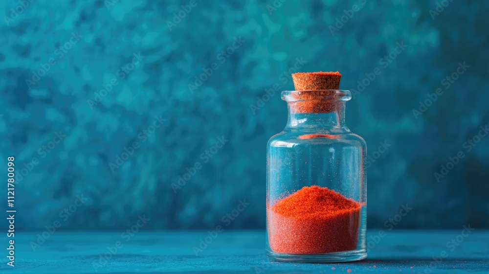 Poster Red sand displayed in a glass bottle with a cork stopper on a textured blue background for artistic and design concepts