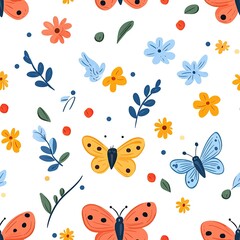 Seamless pattern with colorful butterflies, flowers, leaves, and dots on white background.