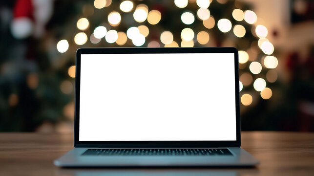 Mockup template of laptop on the table. Front screen view. Christmas tree on background
