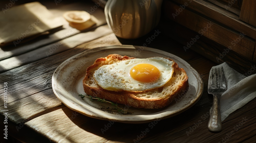 Poster rustic farmhouse breakfast with a fried egg on toasted bread served on a wooden table illuminated by