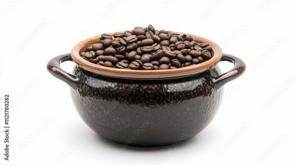 Poster roasted coffee beans neatly arranged in a traditional pot showcasing their rich color and texture is