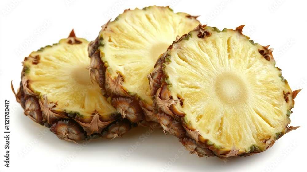 Poster sliced ripe pineapple fruits displaying fresh yellow flesh isolated on clean white background ideal 