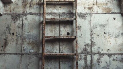 Fototapeta premium Weathered wooden ladder against a textured concrete block wall in an abandoned construction site setting