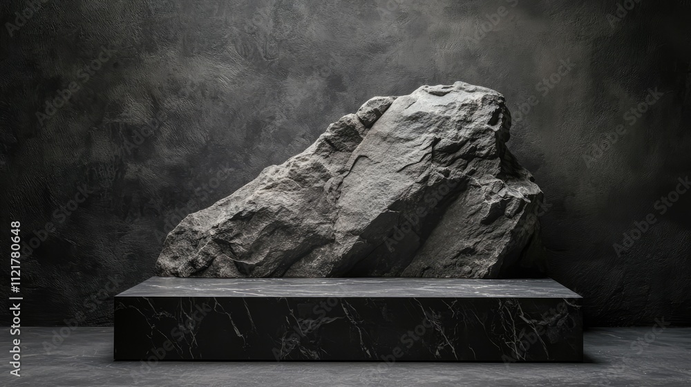 Poster Dark gray stone podium with rock backdrop for product display in minimalist studio setting