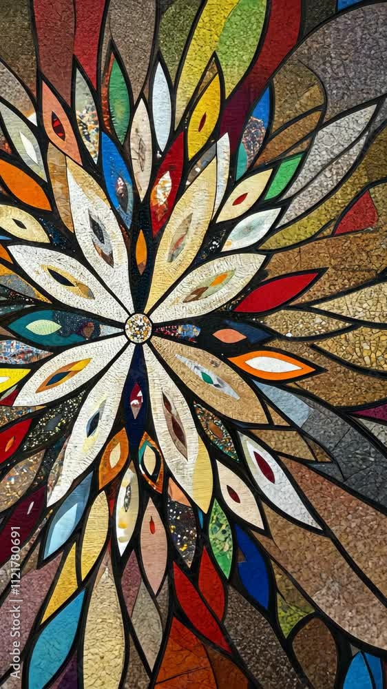 Poster colorful mosaic artwork featuring intricate patterns and vibrant hues displayed in an artistic setti