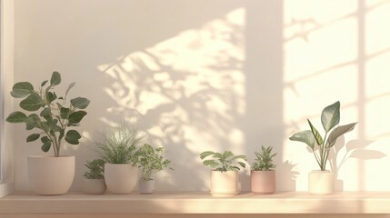 Fototapeta premium Scandinavian room interior featuring plants in stylish pots on a shelf with natural light and white walls creating a serene garden atmosphere