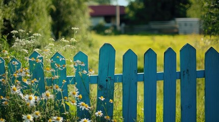 Naklejka premium Rustic blue fence in a vibrant meadow with wildflowers and lush greenery creating a serene rural garden in springtime