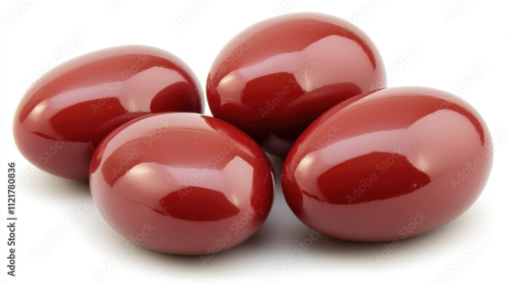 Poster Shiny red dates arranged harmoniously on a clean white background showcasing their smooth texture and appealing color.