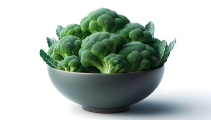 Fototapeta premium Front view of Broccoli in a wooden bowl. Broccoli isolated on white. Broccoli with copy space for text. Broccoli on a white background.