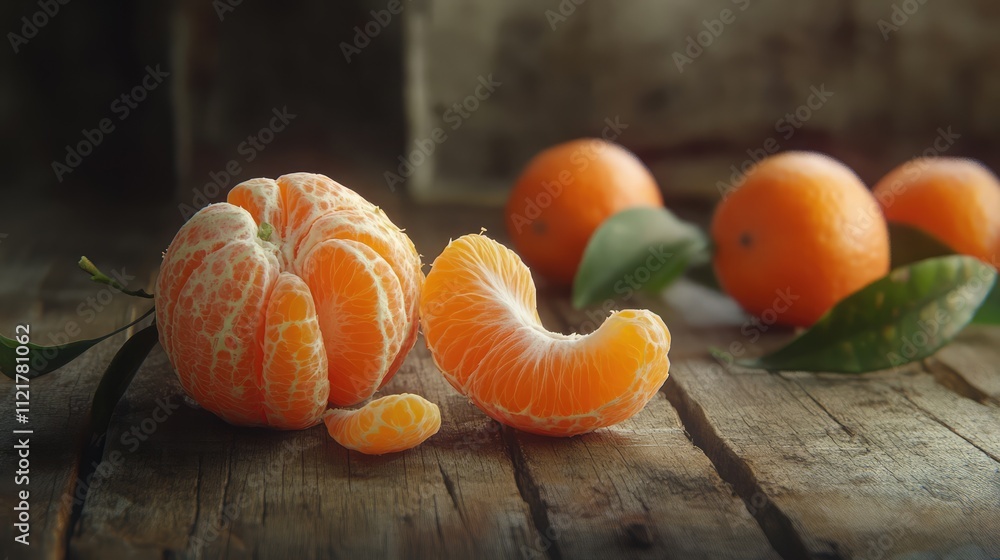 Poster ripe peeled mandarin fruit on rustic wood with blurred citrus cluster and green leaves creating a wa