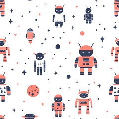 Seamless pattern with cute robots, planets, and stars on white background.