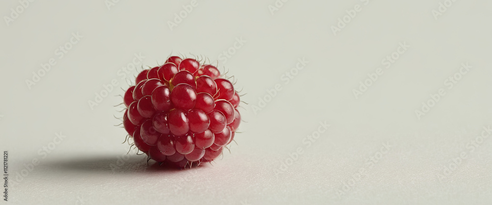 Poster a single juicy raspberry sits alone on a neutral surface, showcasing its vivid red color and tiny ha