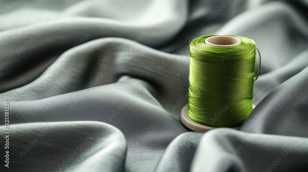 Poster green thread spool on luxurious gray silk fabric macro texture intricate sewing background for high 