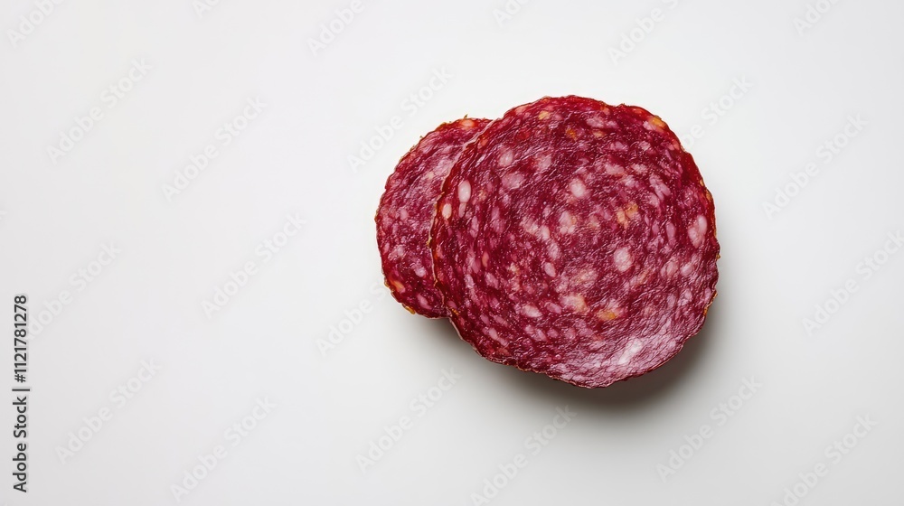 Poster slices of salami sausage isolated on a clean white background showcasing rich colors and textures id