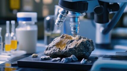 Geology laboratory analysis of rock samples with microscope and scientific equipment for mineral and soil research in chemistry industry