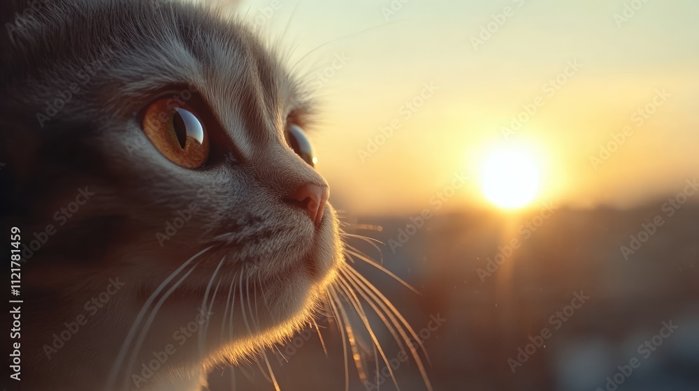 Poster Groomed Scottish Fold cat gazing at sunset with warm golden hues creating a serene and reflective atmosphere in the background.