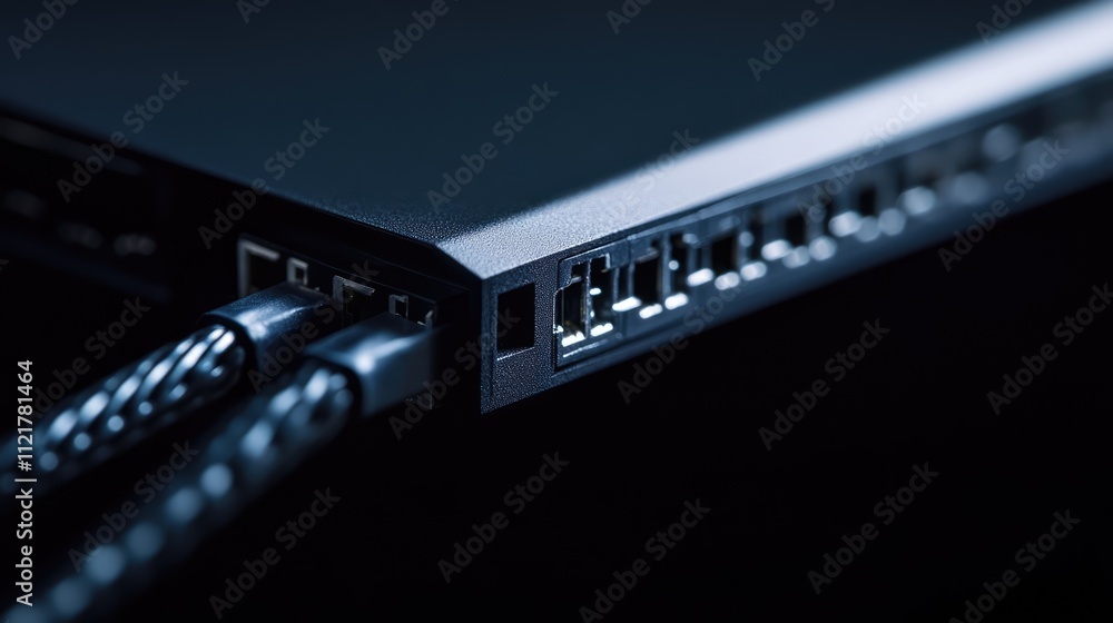 Poster Close-up of SATA cable connected to a 2.5-inch HDD against a dark backdrop showcasing technology and data storage in modern computing.