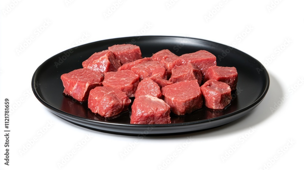 Poster raw beef fillet strips neatly arranged on a black plate isolated on a white background showcasing fr