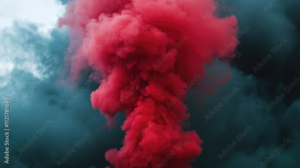 Poster Vibrant red smoke billowing against a dramatic dark background creating an intense visual contrast and dynamic atmosphere