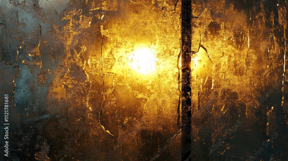 Aufkleber Golden hour sunlight reflecting on a frosted window creating a warm, ethereal glow and textured patterns.