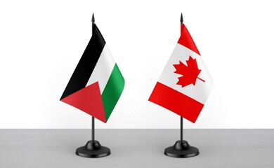 Image of the table flag of Palestine and Canada countries. White background. Close-up flags. High...