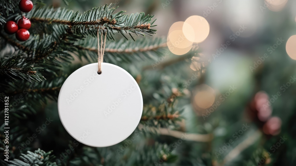 Aufkleber minimalistic round wooden ornament on a christmas tree surrounded by greenery and warm bokeh lightin