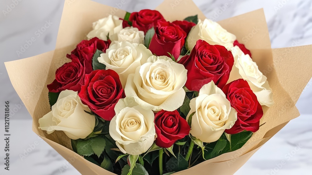 Poster elegant bouquet of red and white roses beautifully arranged for a romantic setting on a soft backdro