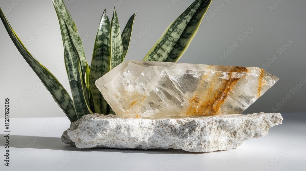 Poster rutilated quartz crystal displayed on sandstone with sansevieria plant in the background for a seren