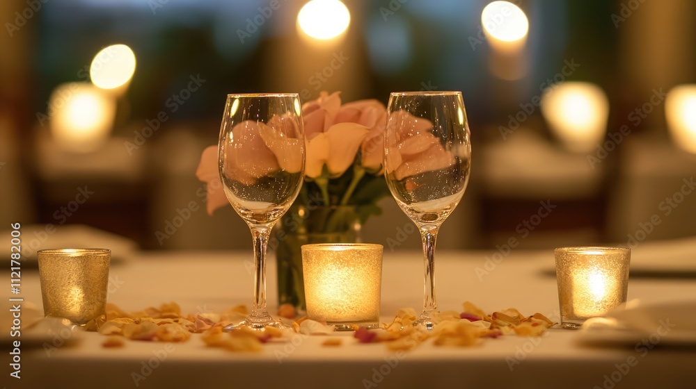 Poster elegant romantic dinner table setting adorned with flowers candles and wine glasses creating a warm 