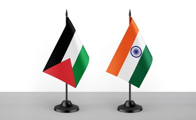 Image of the table flag of Palestine and India countries. White background. Close-up flags. High...