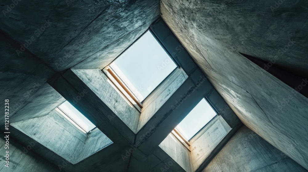 Poster modern architectural design featuring roof windows set in a concrete ceiling with visible daylight i