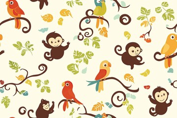 Seamless pattern with monkeys, parrots, and tropical leaves on a white background.
