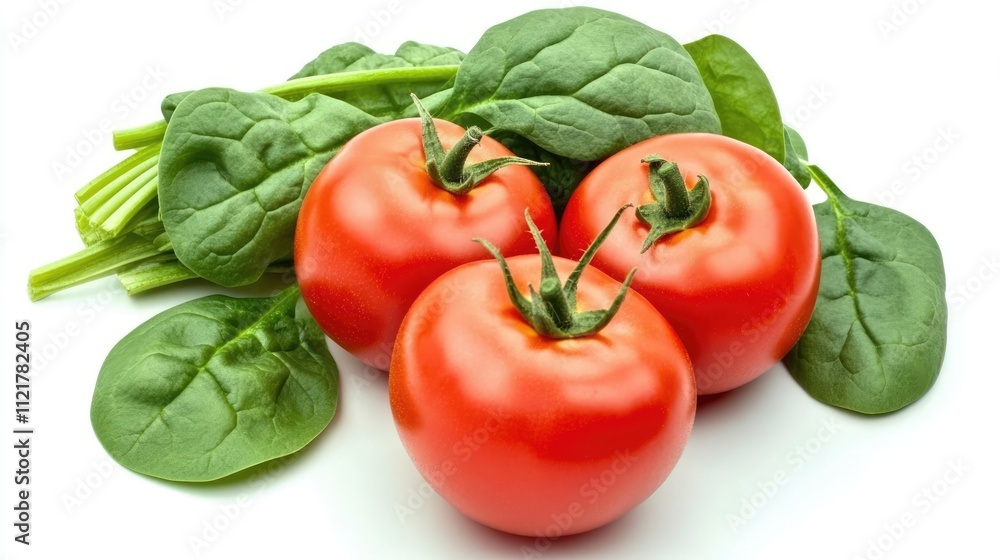 Aufkleber fresh tomatoes and vibrant spinach leaves arranged together on a clean white background for culinary