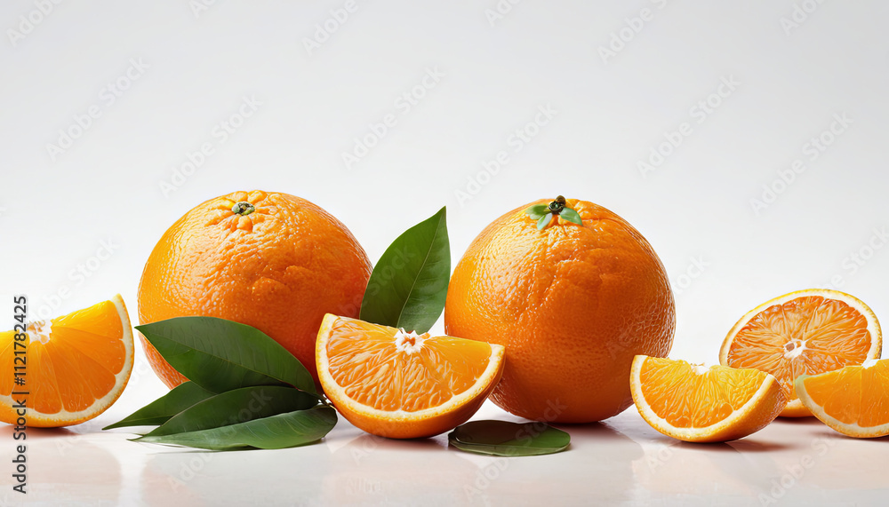 Poster two whole oranges are positioned alongside several slices and green leaves on a bright surface. the 