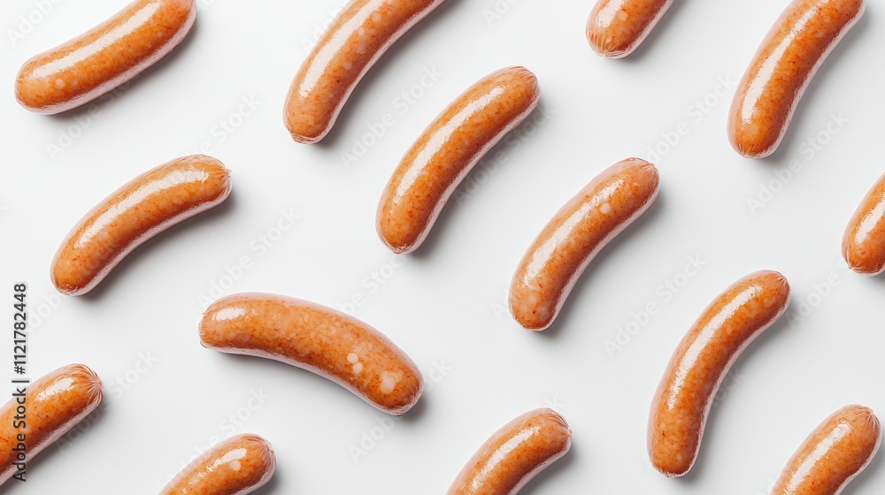 Poster Assorted sausages arranged artistically on a clean white surface creating a visually appealing food composition