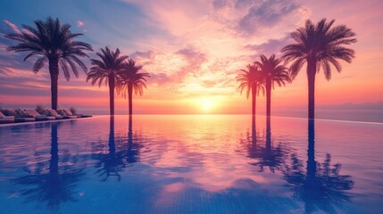Tranquil sunset reflection of palm trees in a serene blue infinity pool under a colorful sky