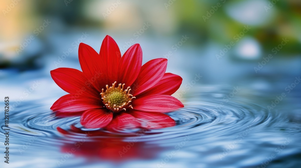 Poster Vibrant red flower floating on serene water surface creating ripples with a soft blurred background