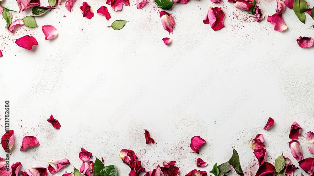 Poster rose petals in shades of red, white, and pink arranged on a white background creating a beautiful fr