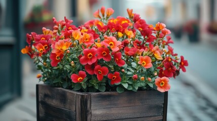 Red nemesia flowers in wooden planter showcasing urban gardening aesthetics with Scandinavian decor in modern city street setting.