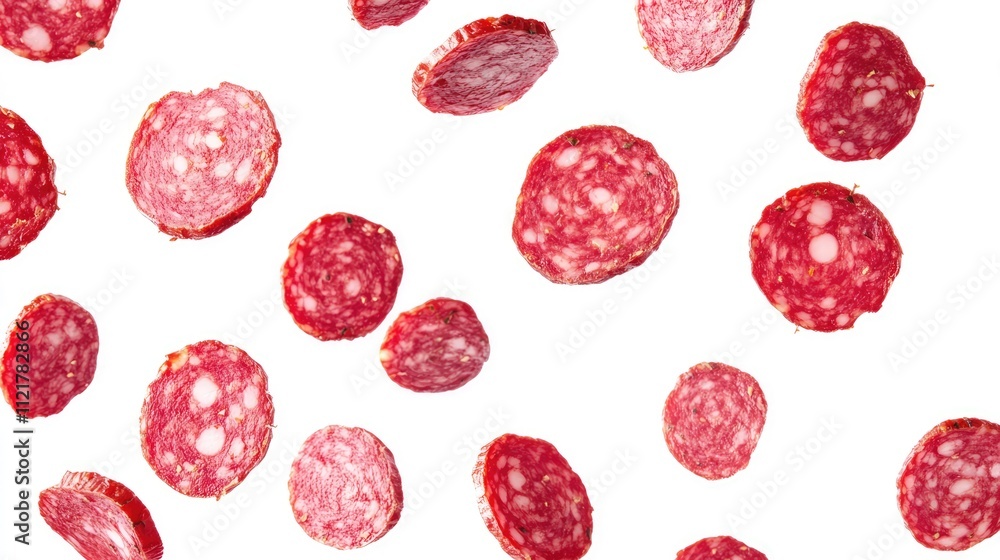 Poster sliced salami pieces floating on a white background showcasing a variety of textures and colors of c