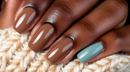 Obraz premium Close-up elegant woman's hands with nails manicured in glossy dark brown coffee color. Textured, brown knitted fabric background. Feminine elegance and luxury concept. Mocha Mousse color of year 2025.