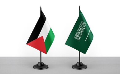 Image of the table flag of Palestine and Saudi Arabia countries. White background. Close-up flags....
