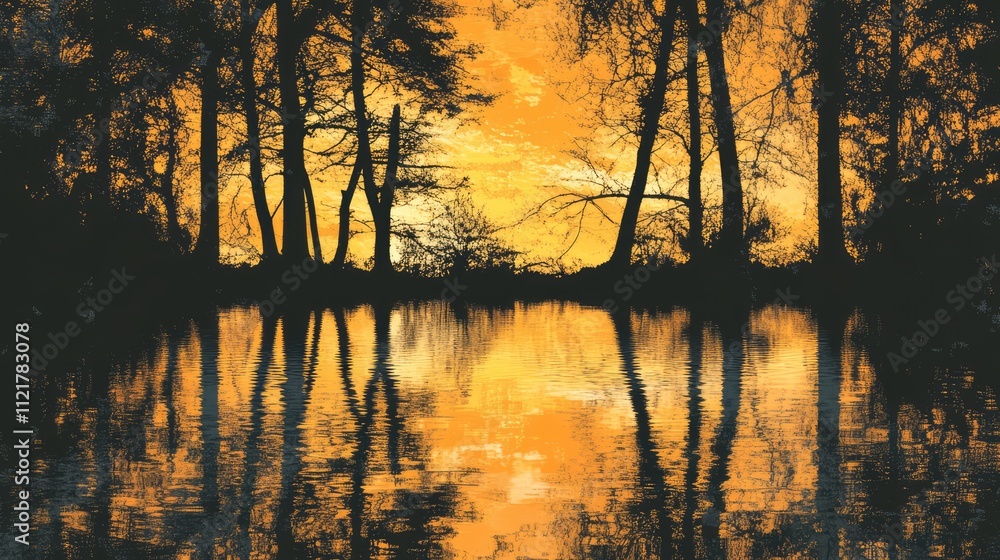 Poster Sunset silhouettes of trees reflecting on calm lake water creating a mirror effect during golden hour in a serene natural landscape.