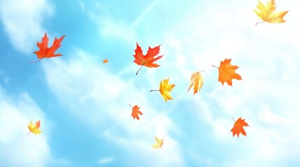 Autumn leaves fluttering against a bright blue sky creating a vibrant nature backdrop ideal for seasonal backgrounds or wallpapers