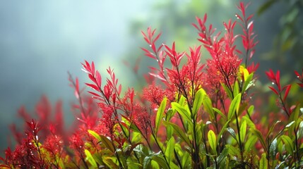 Red foliage of Syzygium myrtifolium thriving in a misty environment known for carbon absorption and landslide prevention benefits