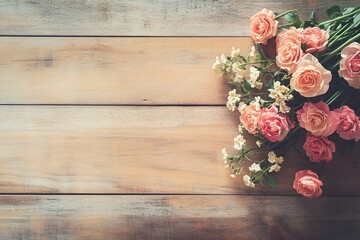 bouquet of pink roses on the right on a table made of wooden boards, copy space