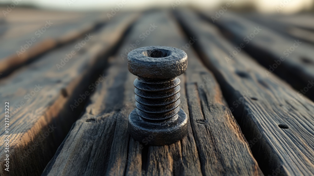 Poster close-up view of a rusty metal screw resting on weathered wooden planks showcasing texture and depth