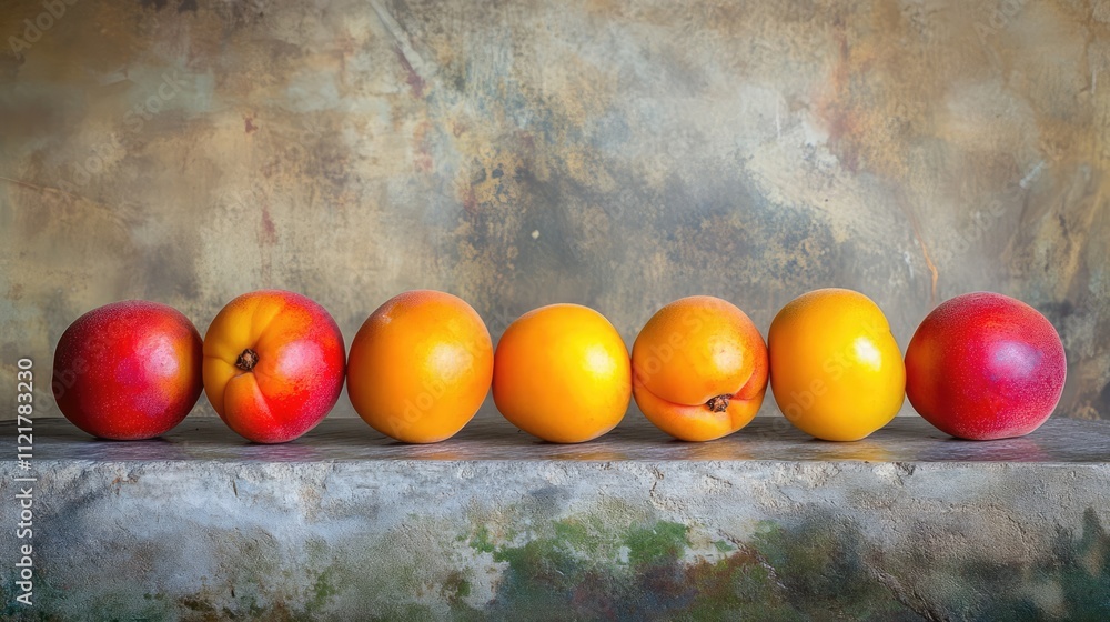 Poster colorful arrangement of ripe red and yellow apricots displayed on a rustic marble surface against a 