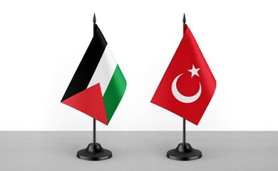 Image of the table flag of Palestine and Turkey countries. White background. Close-up flags. High...