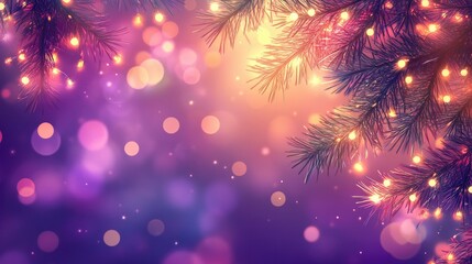 Fototapeta premium A softly lit background with vibrant bokeh lights shining through pine branches, blending warm and cool tones for a cozy festive feel.